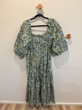 Karlie Pale Blue and Green Floral Smocked Midi Dress